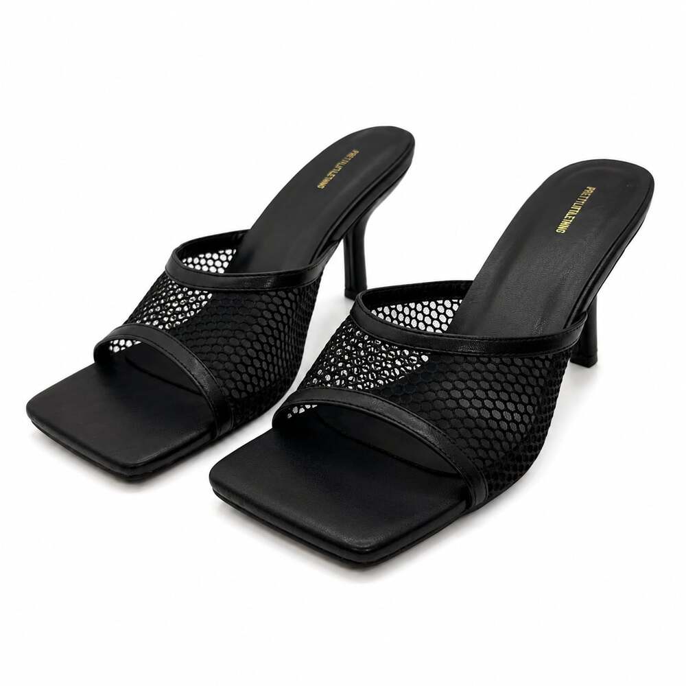 PrettyLittleThing Black Mesh Square Toe Kitten Heel Mules